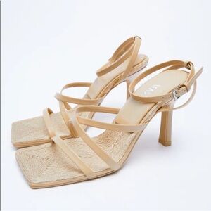 NWOT Zara Square Toe Tan Strappy Kitten Heels Sandals Sz 6.5/37